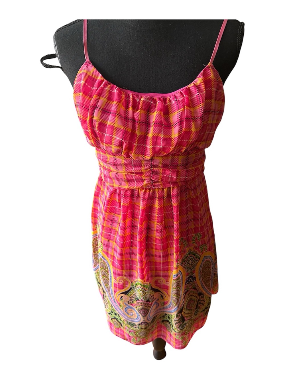 Vintage Chesley Pink Orange Plaid Paisley Border Sleeveless Dress Size L Boho
